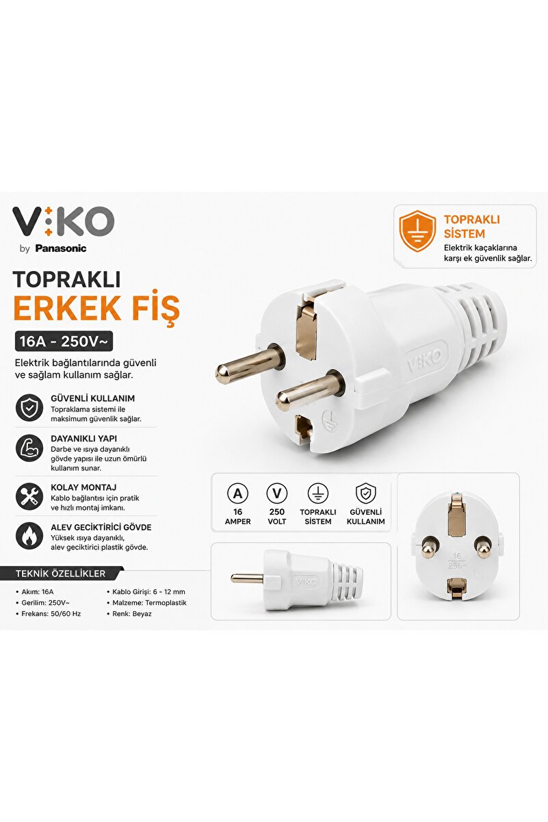 Viko Erkek Fiş Topraklı Kablo Fişi Beyaz